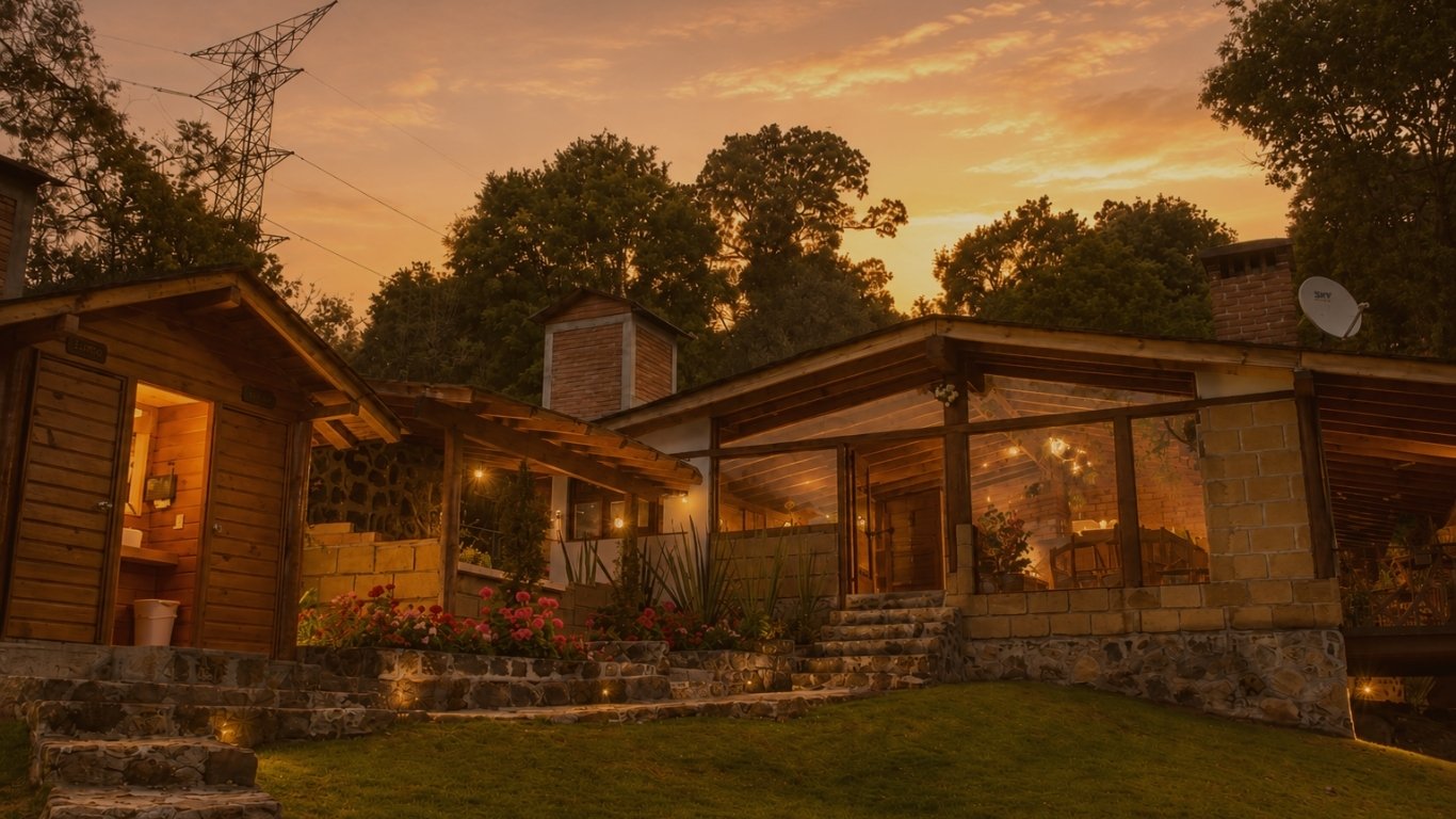Cabaña en el bosque al atardecer